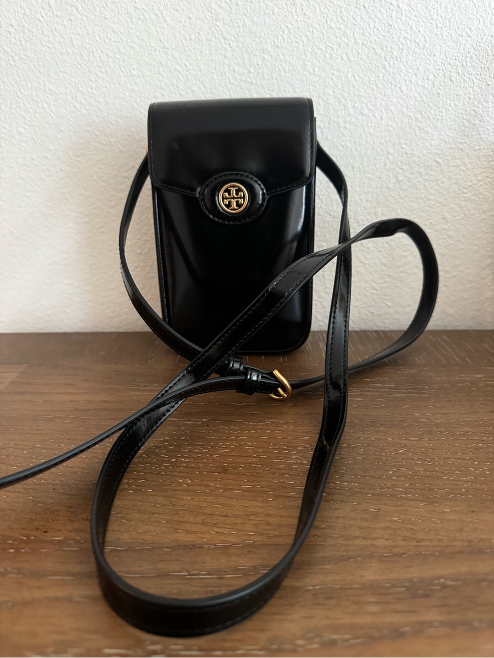 Tory Burch Black Patent Leather Phone Crossbody with Gold Logo